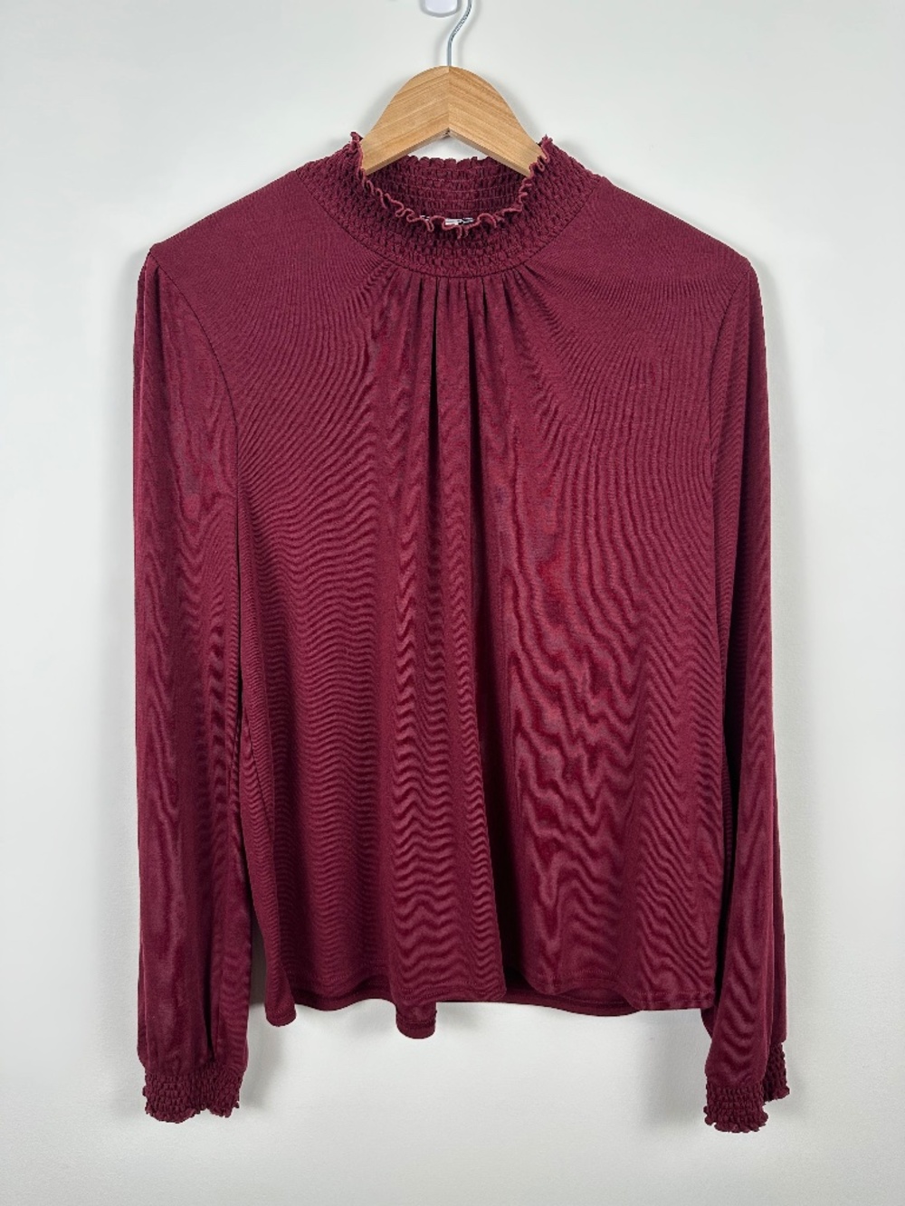 J.Crew Burgundy Smocked Mock Neck Knit Top | Long Sleeve | Size L
